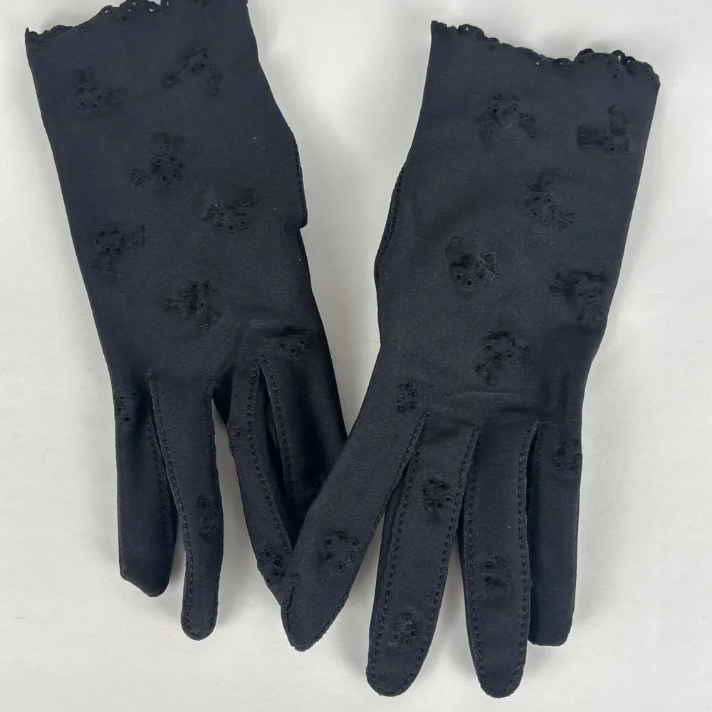 VTG Aris Isotoner Fancy Gloves Black Broderie Anglaise Embroidered One Size